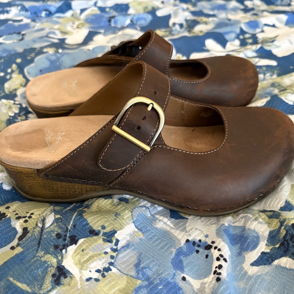 Dansko Brown Leather Mules with Buckle 37 Worn Once